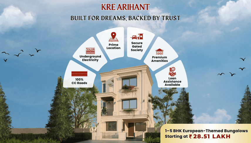 Buy 1–5 BHK European-themed bungalows with loan facility at KRE Arihant Udaipur.