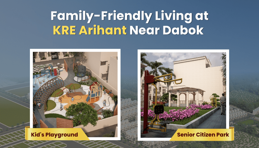 Family-friendly bungalows at KRE Arihant Udaipur with kids’ playground and senior citizen park.